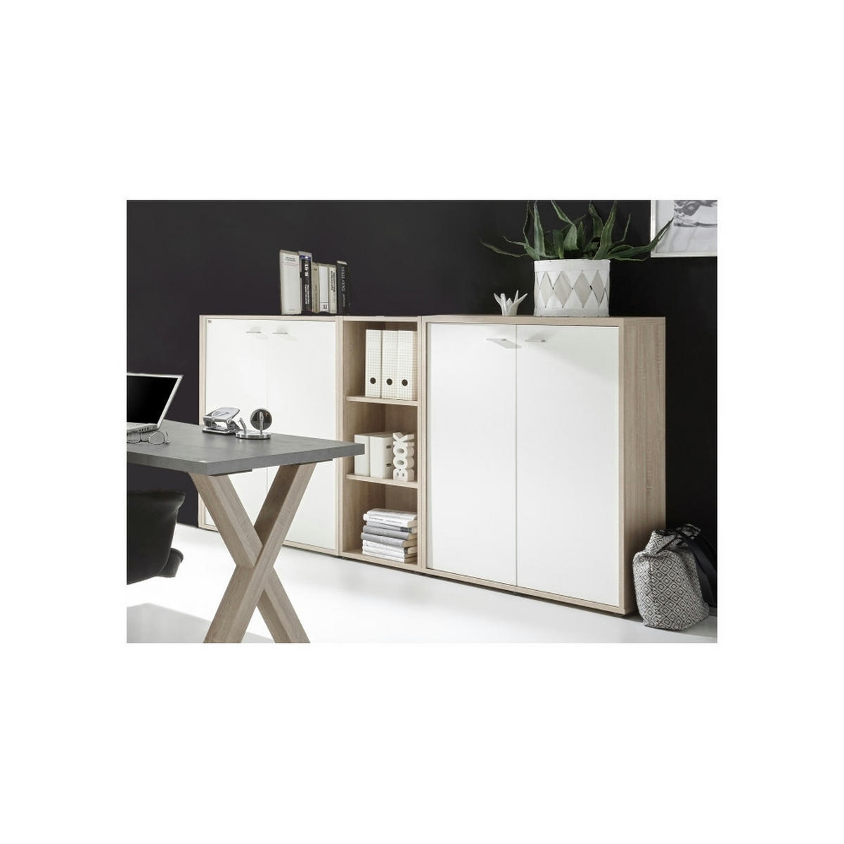 BÜROMÖBEL Mister Office in Eiche Sägerau mit weißen Fronten 5 teilig - Braun, Holzwerkstoff (120/80/200cm)