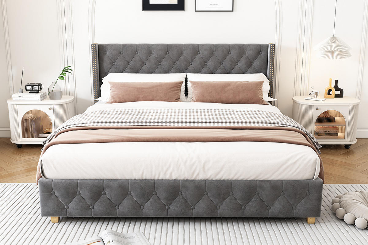 POLSTERBETT 140/190 cm Grau mit Bettrahmen und Kopfteil - Grau, Textil (140/200cm) - OKWISH