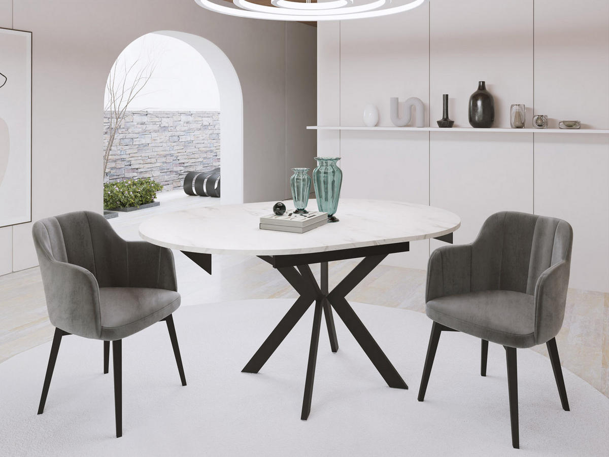 ESSTISCH Lily runder ausziehbarer, Marmor Weiß 100-140/100/76 cm - Ecru/Schwarz, Holzwerkstoff/Metall (100/100/76cm) - WFL GROUP