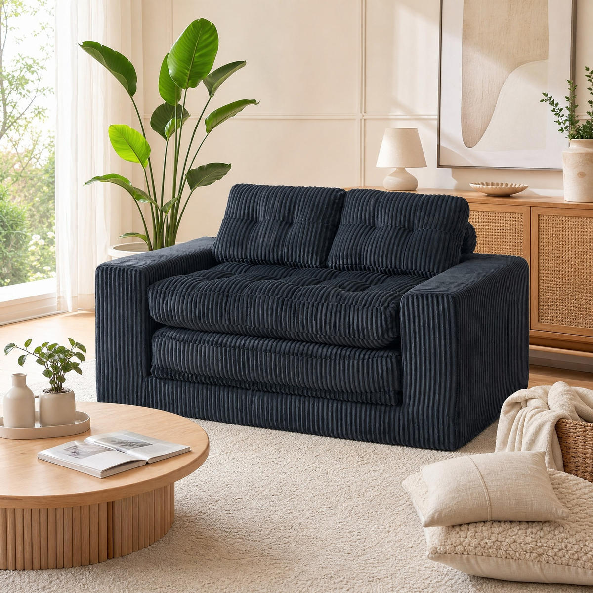 SCHLAFSOFA 2-in-1 klappbar Cord Schwarz Zweisitzer - Schwarz, Holzwerkstoff (85/54/140cm) - Meubliv
