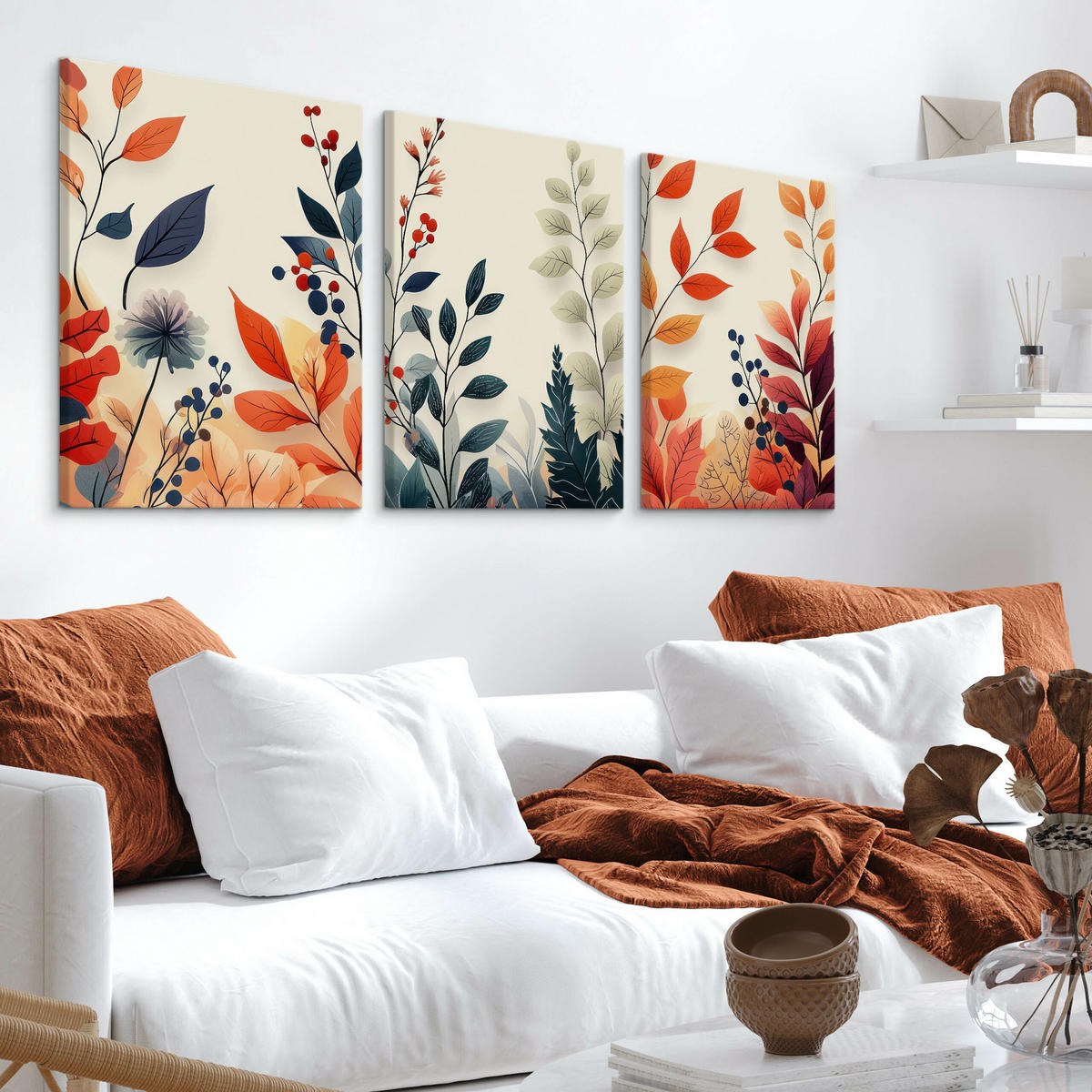 LEINWANDBILDER 3-es Set Blätter Natur - Beige/Rot, Textil (90/40cm) - Muralo