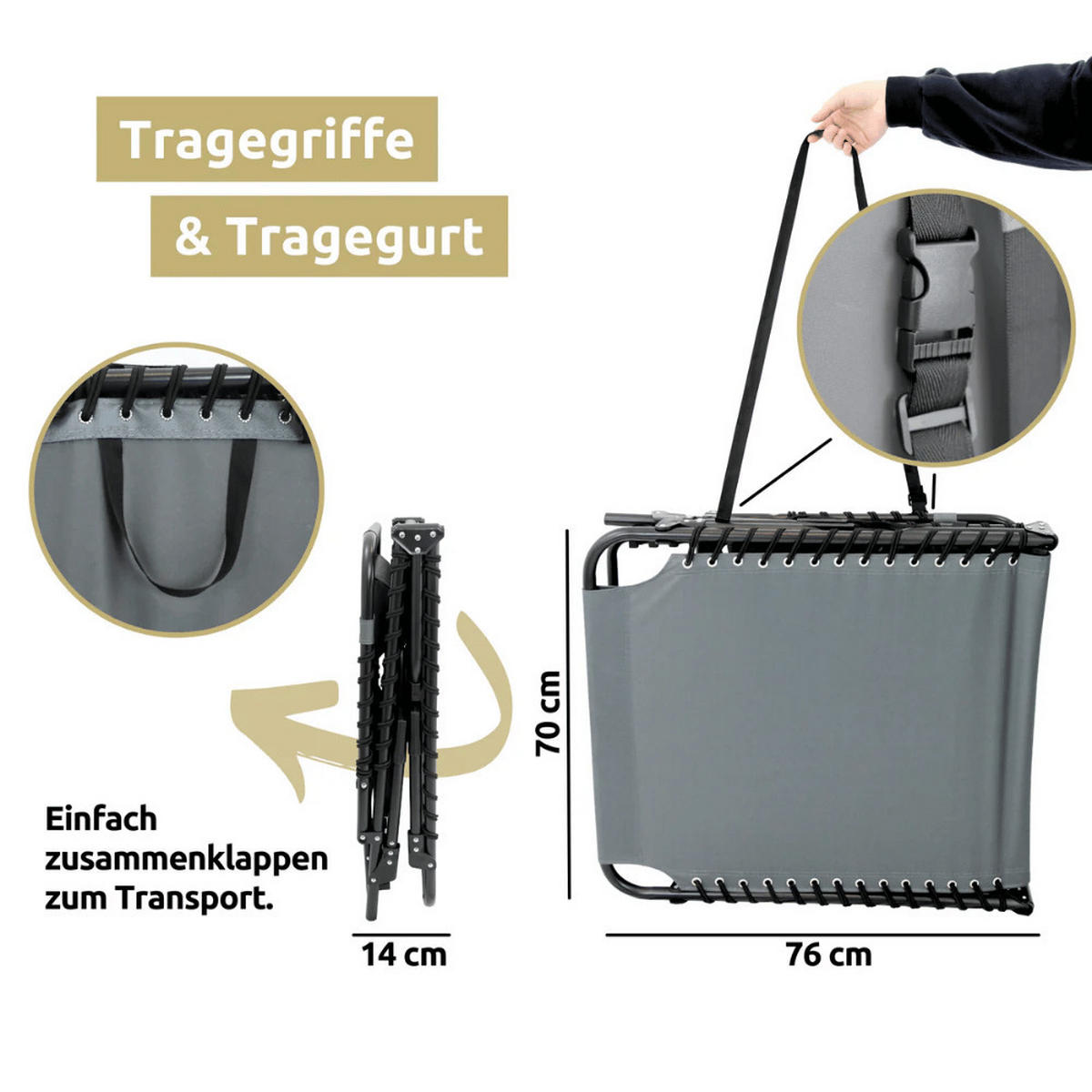 SONNENLIEGE klappbar wetterfest LUNA Mit Kopfkissen Anthrazit - Anthrazit, Metall (69/30/190cm) - DELUKE