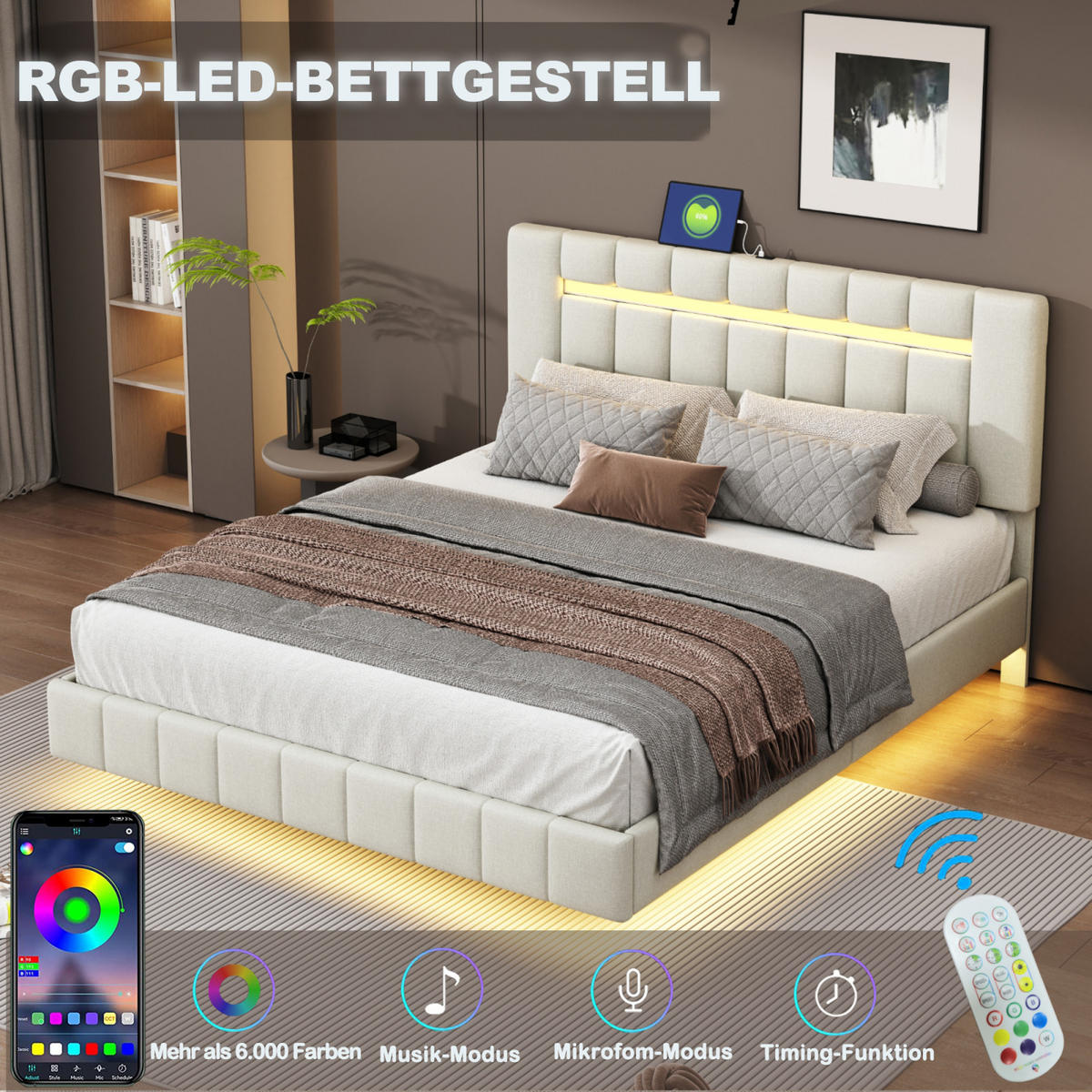 POLSTERBETT 160x200 cm Schwebebett mit LED, USB & Kopfteil, Leinen beige - Beige, Holz (160/200cm)
