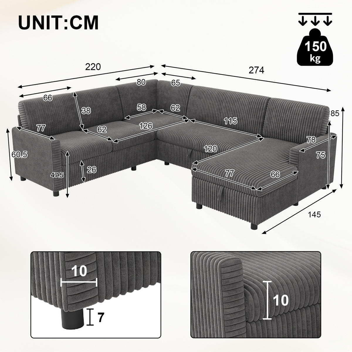 SOFA U Oblik na Razvlačenje Cord 220x274x85 cm Siva - siva, tekstil (274/85/220cm) - FLIEKS