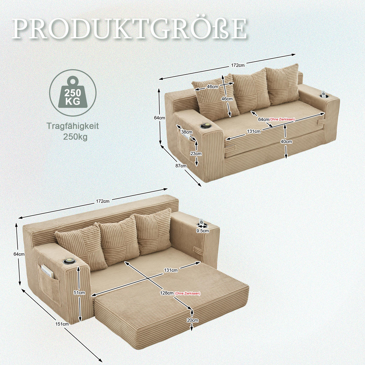2-SITZER Bodensofa ausklappbar, Getränkehalter/Seitentaschen, Cord, hellbraun - Hellbraun, Textil (172/64/87cm) - LVHOM