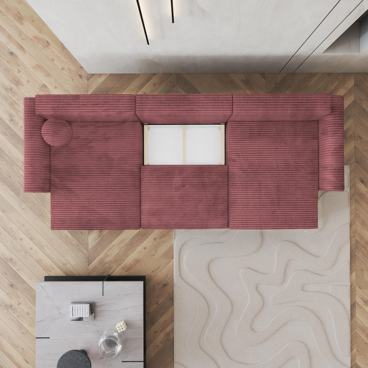 WOHNLANDSCHAFT FENTO Rosa Kordstoff mit Schlaffunktion - Rosa, Holz (347/90/148cm) - MASSENO