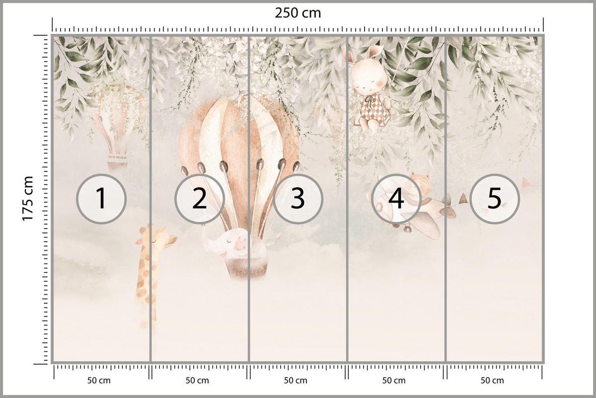 FOTOTAPETE für Kinderzimmer Tiere Wolken Ballons Giraffe Sonne 250x175 - Beige/Braun, Papier (250/175cm) - Muralo