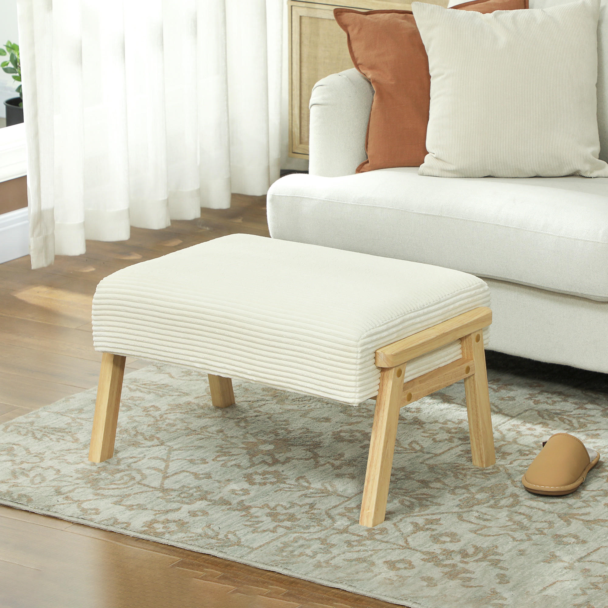 SITZHOCKER Hocker mit weichem Sitzkissen Holzbeinen Fußhocker mit Cordoptik - Creme/Naturfarben, Holz/Textil (46/40/70cm) - HOMCOM