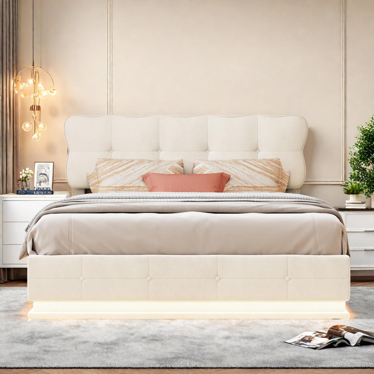 ČALÚNENÁ posteľ 140x200 cm sivý zamat s LED úložným priestorom - béžová, kov (140/200cm) - SHOPENTRA