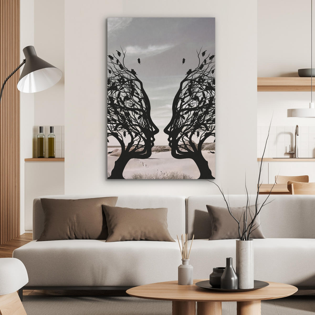 AKUSTIKBILD Strand - Meer - Menschen - Baum - Moderne Kunst Wanddeko 60x90 cm - Hellgrau, Kunststoff (60/90/0.9cm) - MuchoWow