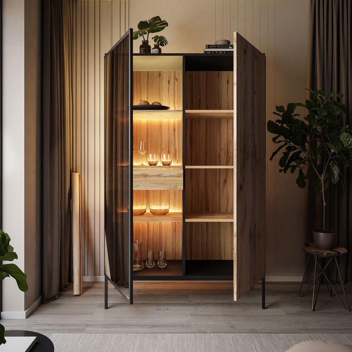 HOHE Vitrine ECLIPSE WTSZ104 mit Beleuchtung,Schwarz Eiche Wotan - Eiche Wotan, Holzwerkstoff (104/166/39cm) - Lookway