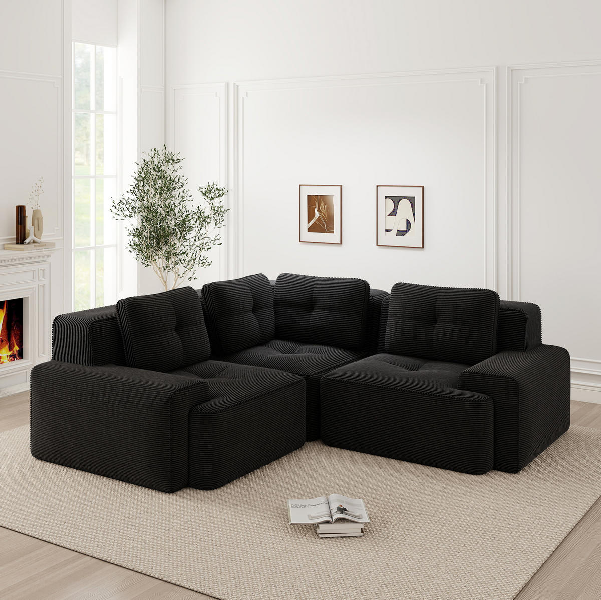 ECKSOFA 206/206/69 cm schwarz aus Cord mit modularem Design und rutschfestem Standfuß - Schwarz, Textil (206/206cm) - OKWISH