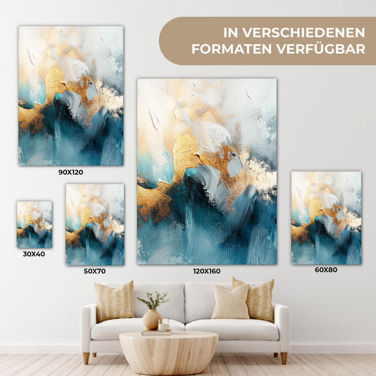 LEINWANDBILD Abstrakt - Kunst - Gold - Blau 30x40 cm - Petrol, Textil (30/40cm) - MuchoWow