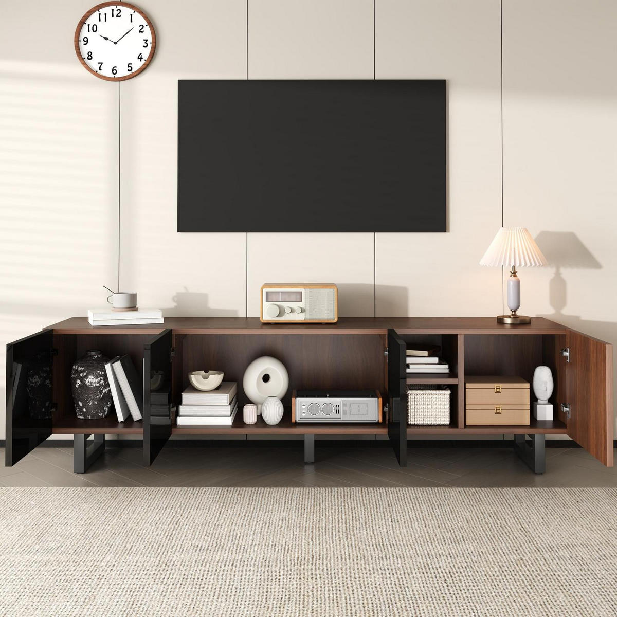 TV Lowboard 180x38x50 cm, 4 Türen, Vintage Holz - Schwarz, Holz (180/50/38cm)