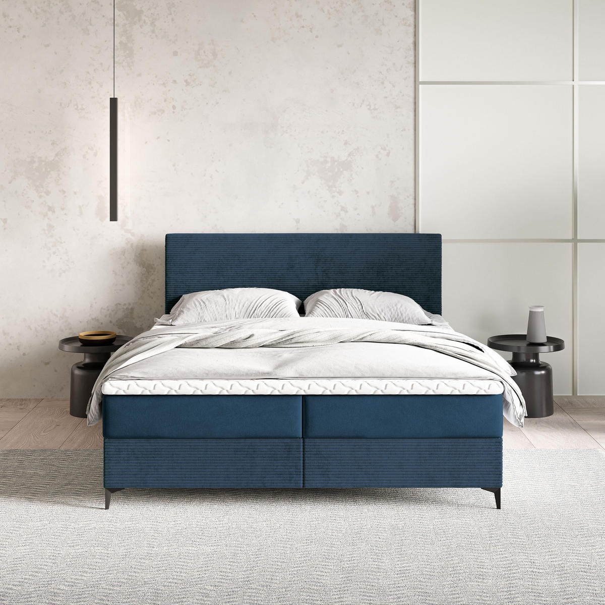 BOXBETT TORREL 140x200 cm mit Matratze und Topper - Blau - Blau, Holz (140/200cm) - MASSENO