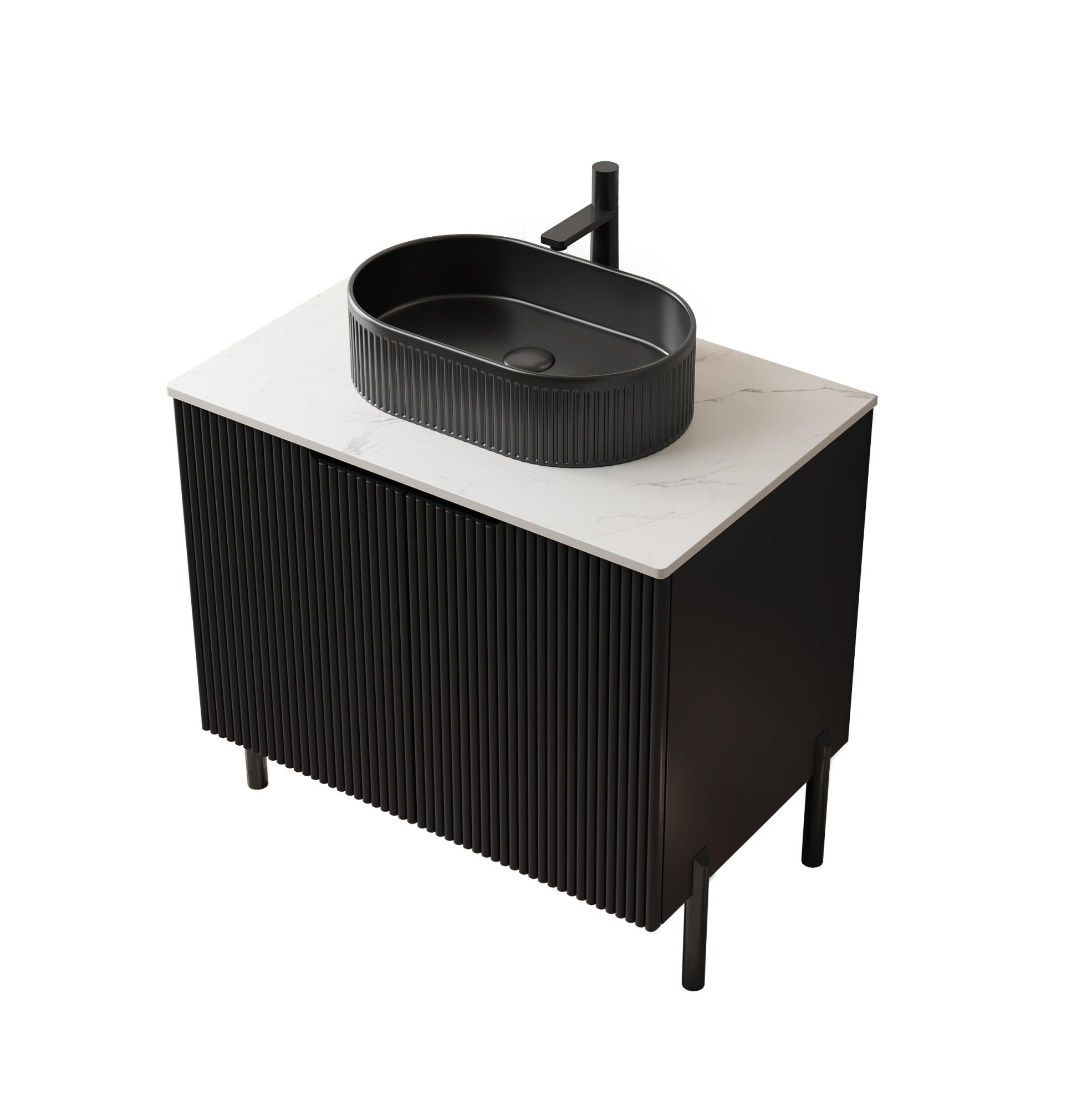 WASCHTISCHKOMBI 76/48/88 cm schwarz aus Keramik, MDF und Sinterstein mit Soft-Close-Türen - Schwarz, Keramik (76/88/48cm) - OKWISH