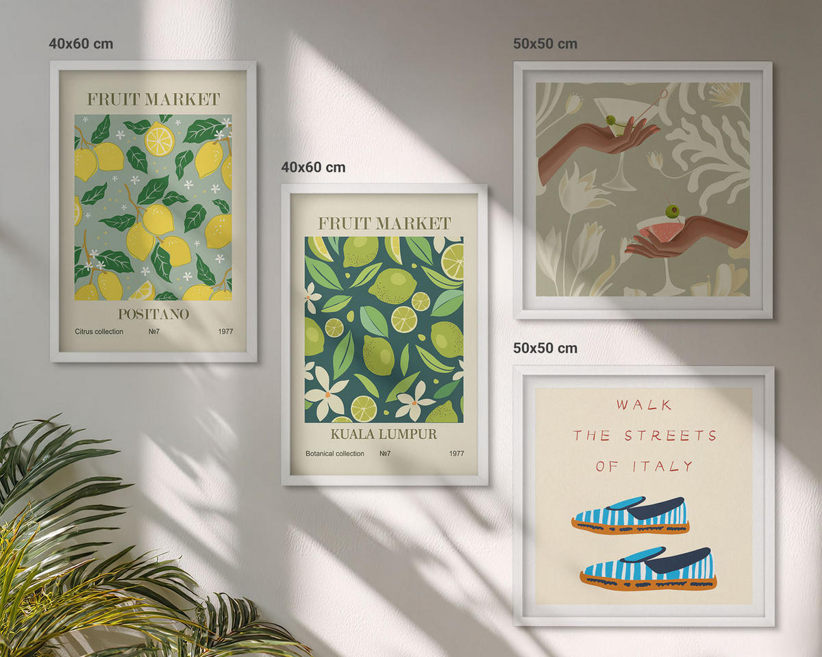 BILDER SET 4er Set - 50x50 cm & 40x60 cm Weißer Rahmen - Italienische Poster mit Fruchtmotiven - Weiß, Kunststoff (50/50cm) - TULUP