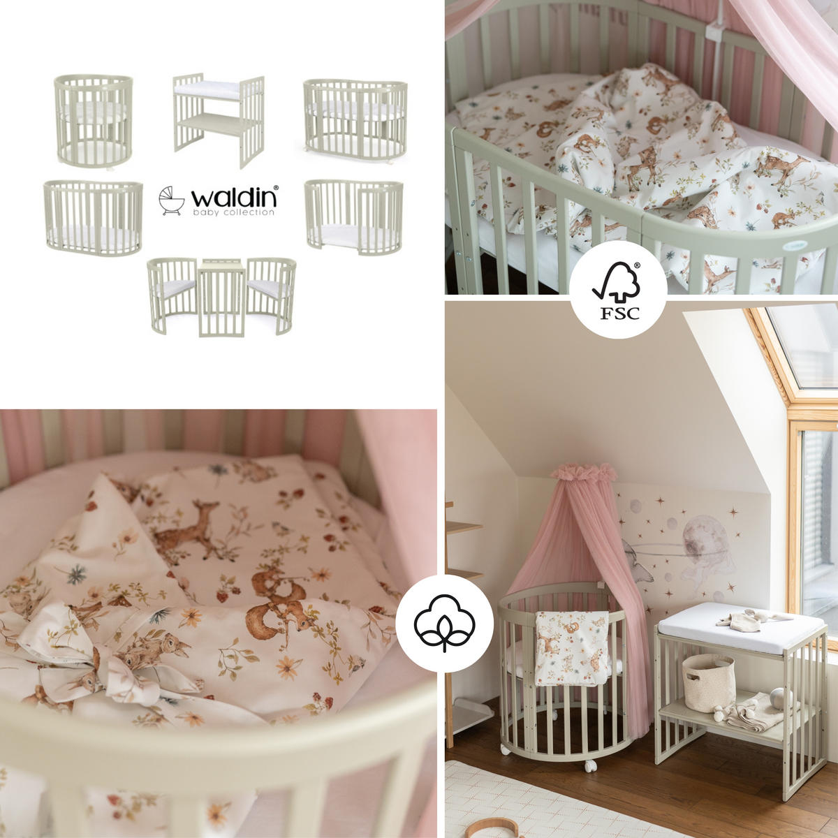 BABYBETT OLIVE OVAL 7in1 mit Matratze und Himmelset - Olivgrün/Rosa, Holz/Textil
