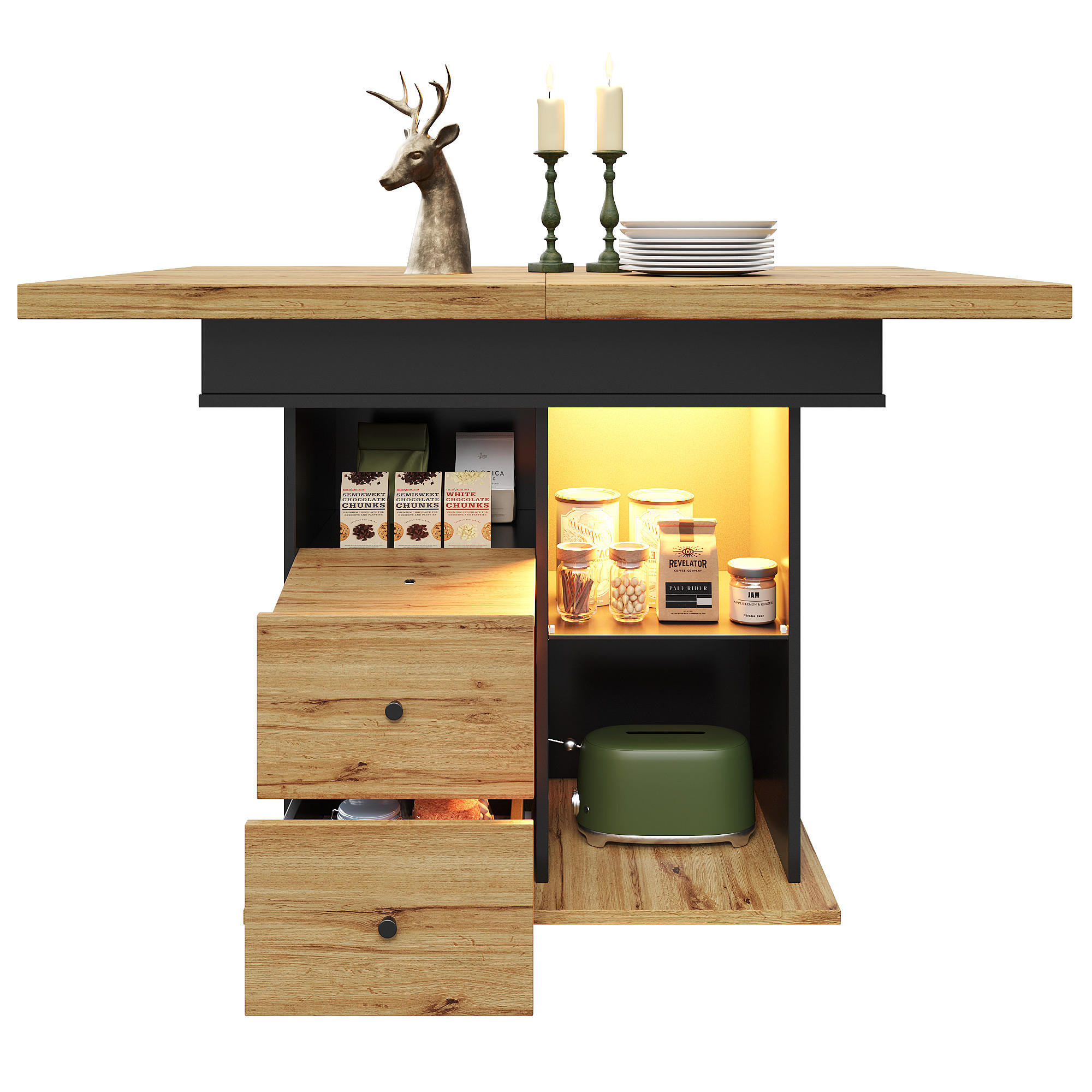 ESSTISCH 110/80/75 cm Schwarz/Natur aus MDF mit LED-Beleuchtung - Schwarz, Holzwerkstoff (110/80/75cm) - OKWISH