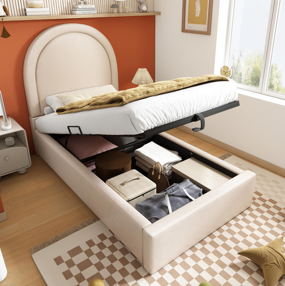 KINDERBETT 90/190 cm Beige mit Stauraum mit hydraulischem Lattenrost - Beige, Kunststoff (90/190cm) - OKWISH