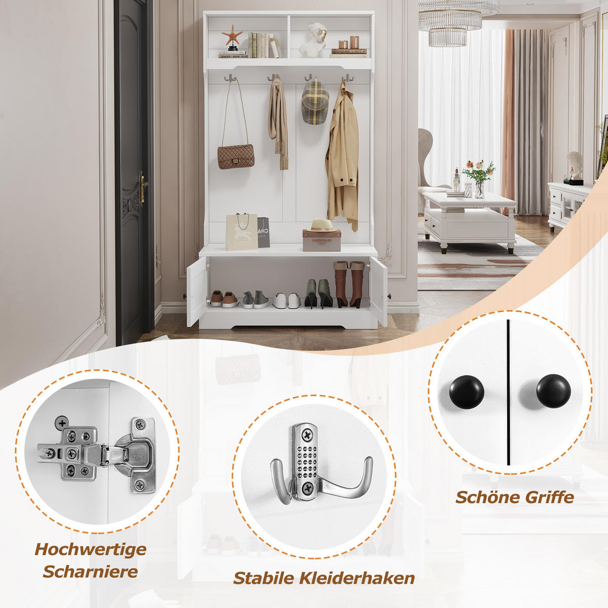 GARDEROBE, 4 Haken, Stauraum, 2 Fächer, Weiß - Weiß, Holzwerkstoff (47/183/101.5cm) - FLIEKS