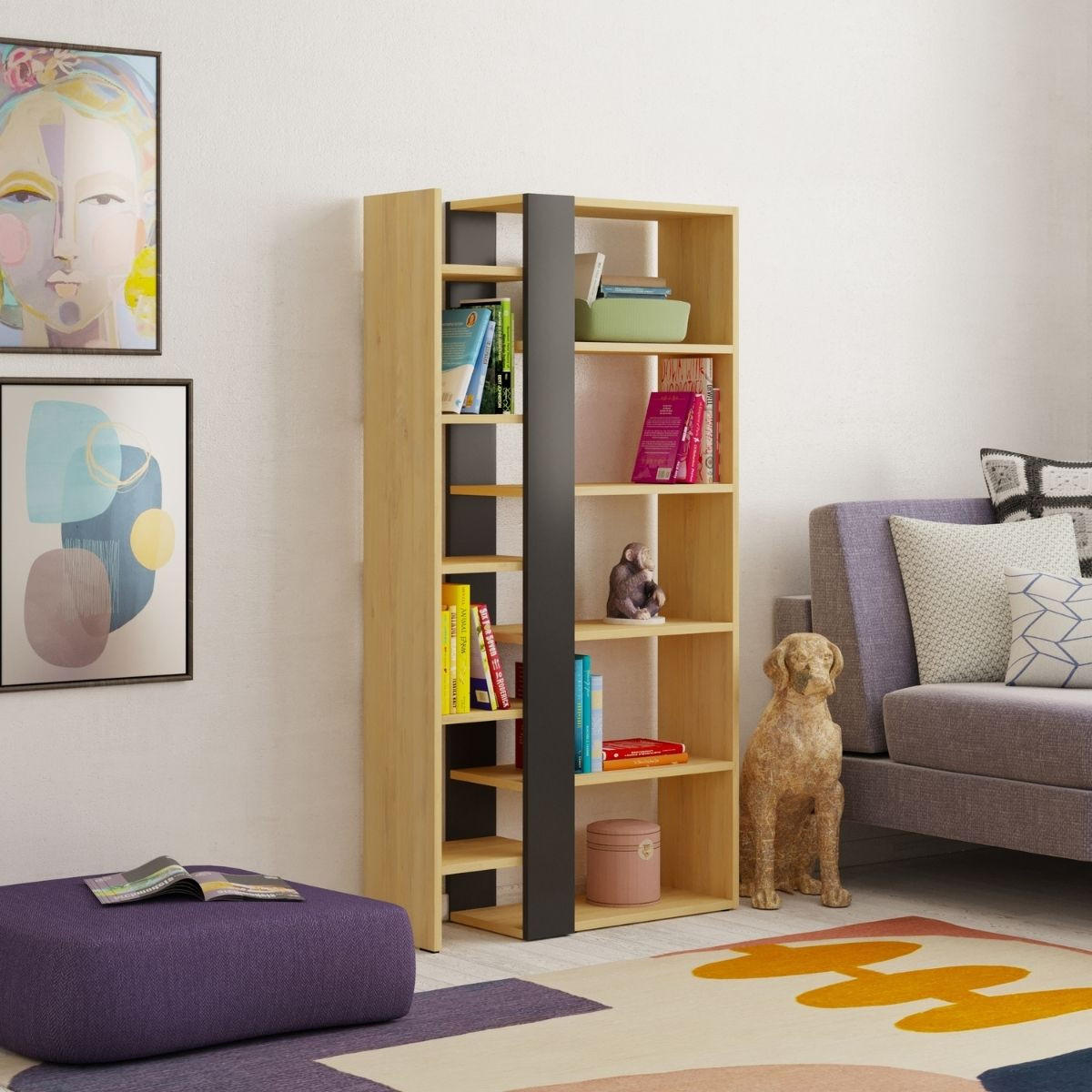 BÜCHERREGAL 5 Ebenen L80 x H152 cm - Axel - Eiche Artisan/Grau, Holzwerkstoff (29.5/152/80cm) - Calicosy