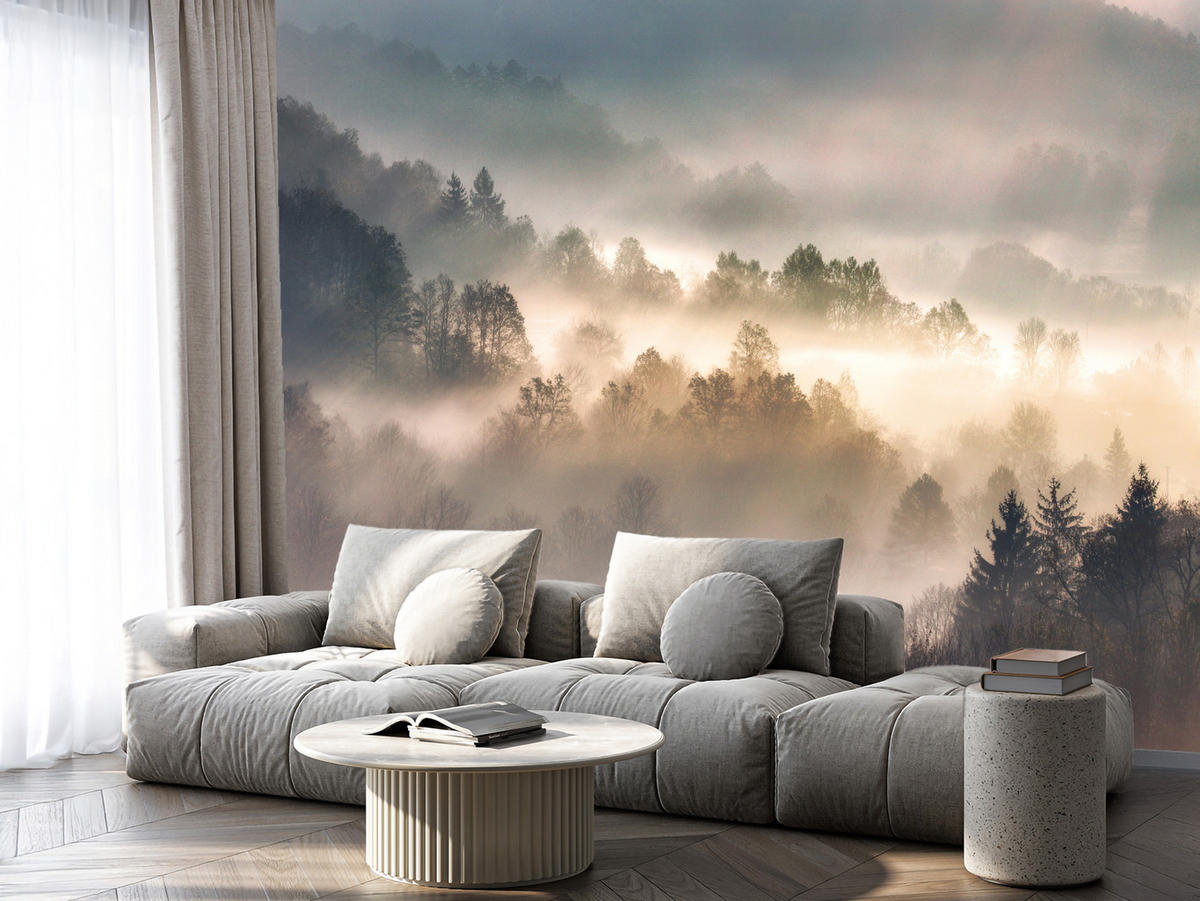 FOTOTAPETE für Wohnzimmer Natur Nebeliger Wald Sonnenaufgang Gebirge 500x350 - Gelb/Creme, Papier (500/350cm) - Muralo