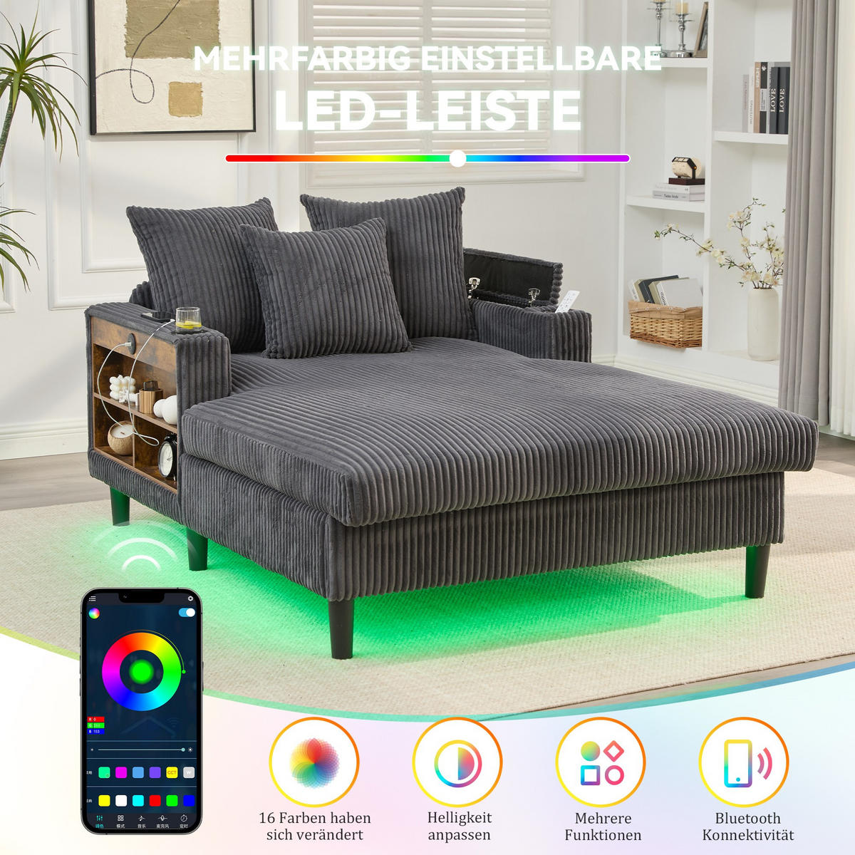 RELAXLIEGE XXL Polsterliege,Relaxsessel,Cord,Dunkelgrau - Grau, Textil (129/70/170cm) - LVHOM