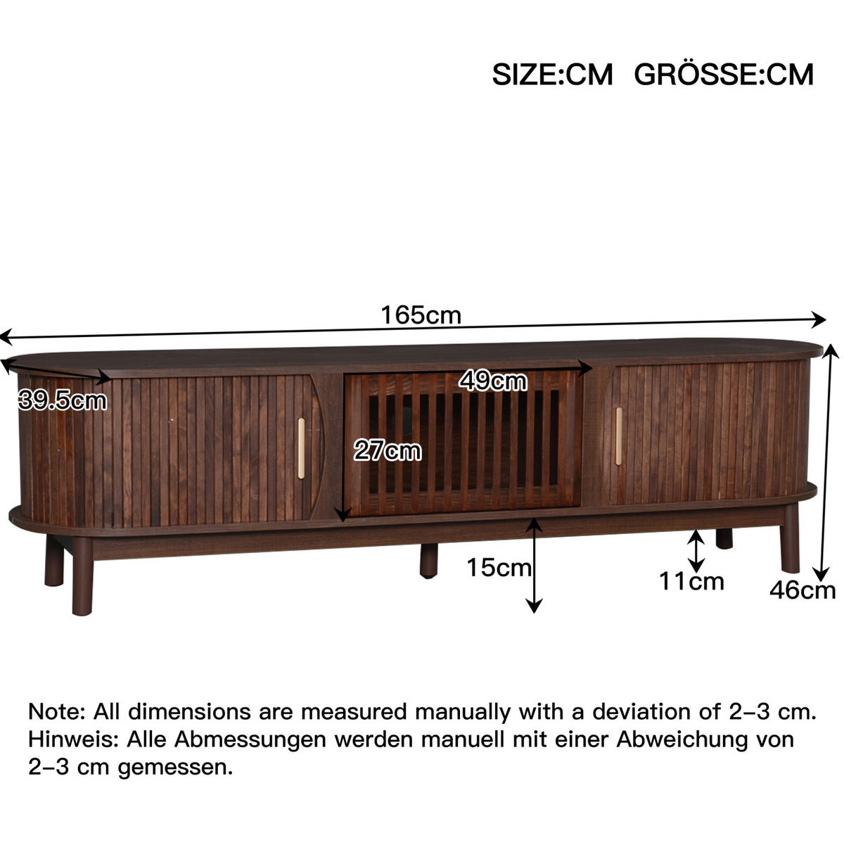 TV komoda, 165/39,5/46 cm, MDF hnedá, s posuvnými a výklopnými dvierkami - hnedá, kompozitné drevo (165/46/39.5cm) - BEAOK