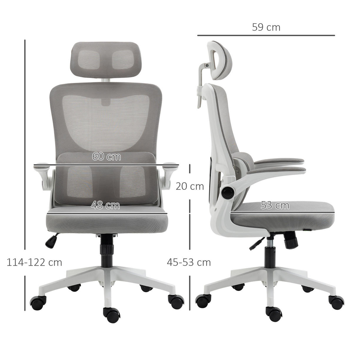 BÜROSTUHL Ergonomisch, Schreibtischstuhl mit Verstellbar Armlehne, Mesh, Grau - Grau, Textil (59/122/60cm) - Vinsetto