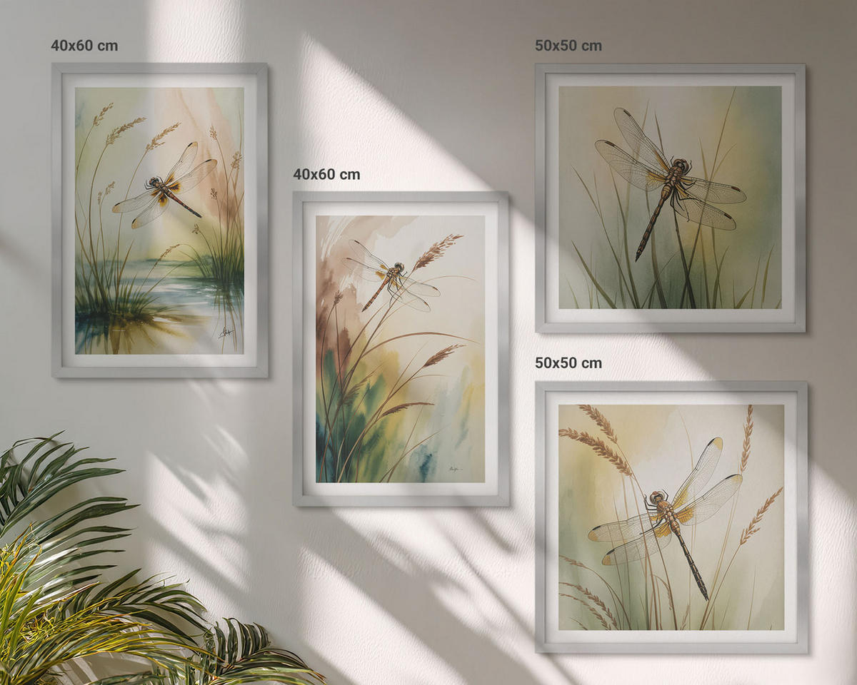 WANDBILDER 4er Set - 50x50 cm & 40x60 cm Silberner Rahmen - Libellen im Gras, Wassermalerei - Silberfarben, Kunststoff (50/50cm) - ArtPrintCave