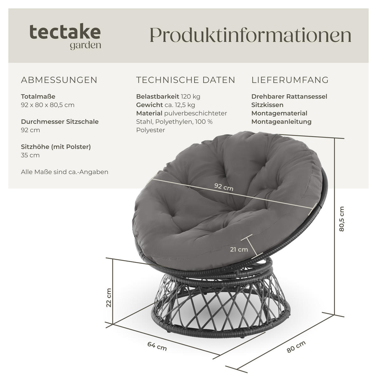 RATTANSESSEL Gargano,92 x 80 x 80,5 cm,schwarz - Schwarz, Kunststoff (80/80.5/92cm) - tectake