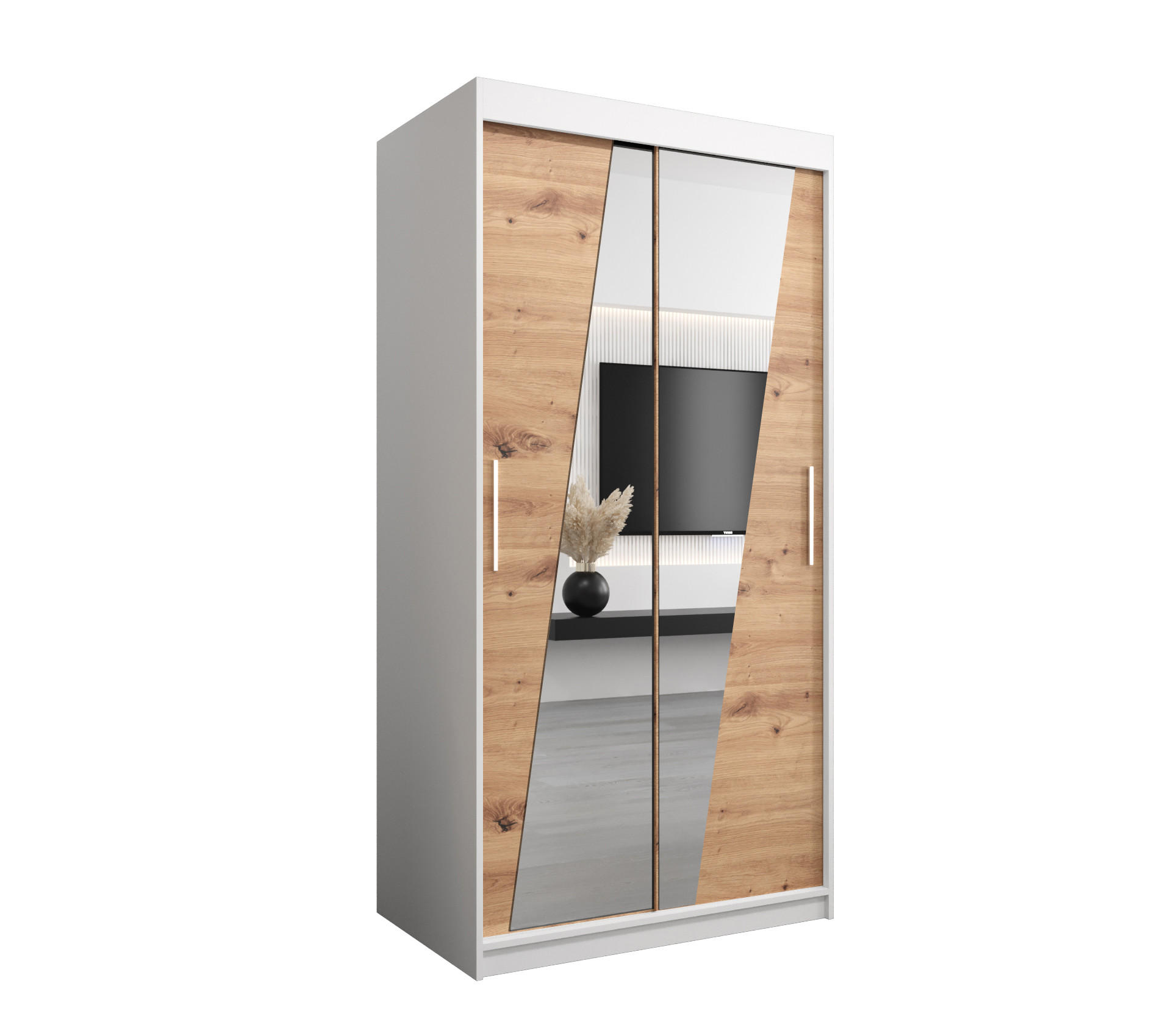 Abiks Möbel Schwebetürenschrank Weiß, Eiche Artisan 100x200x62 cm