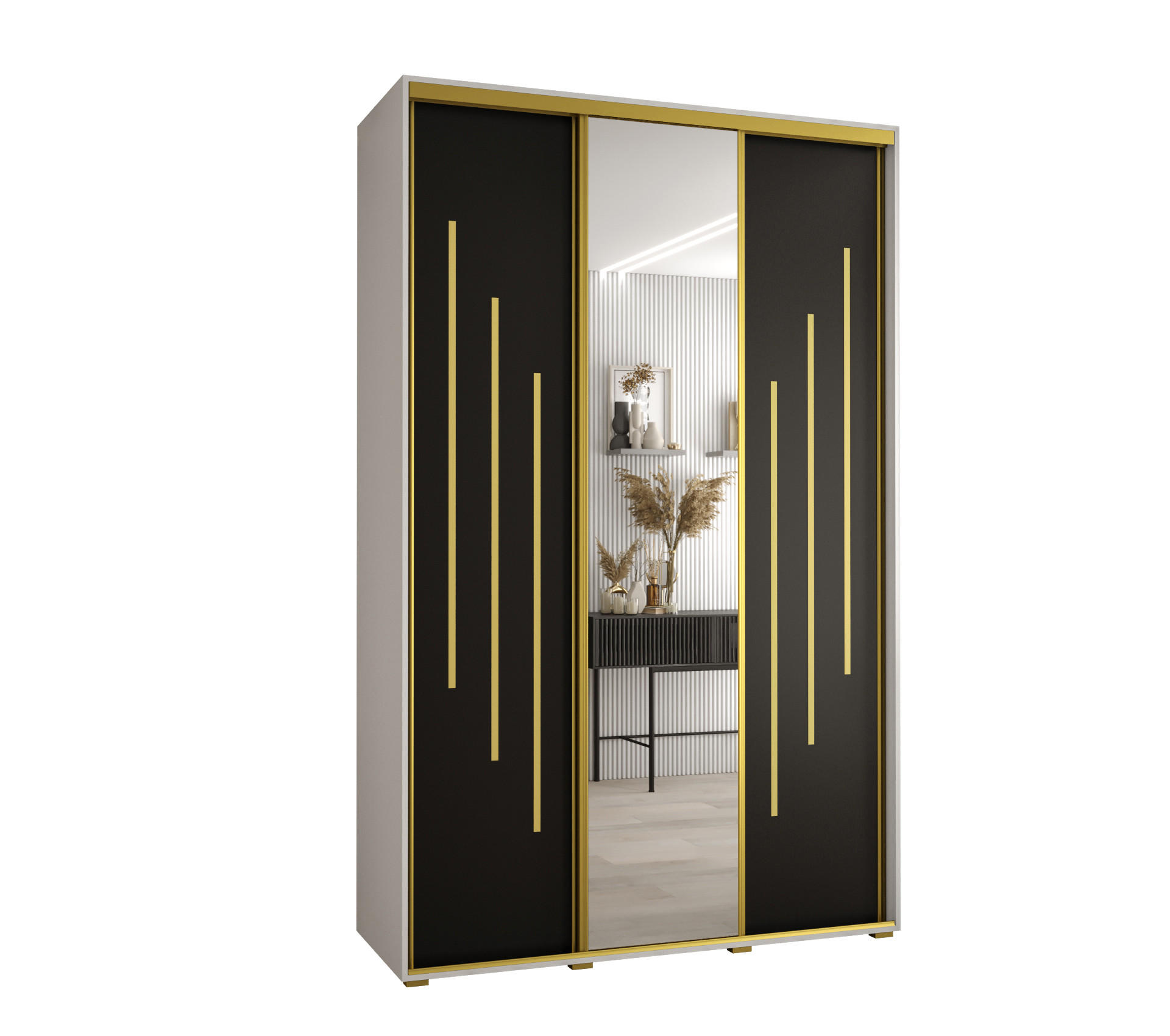 Abiks Möbel Schwebetürenschrank Weiß, Schwarz, Gold 150x235x45 cm