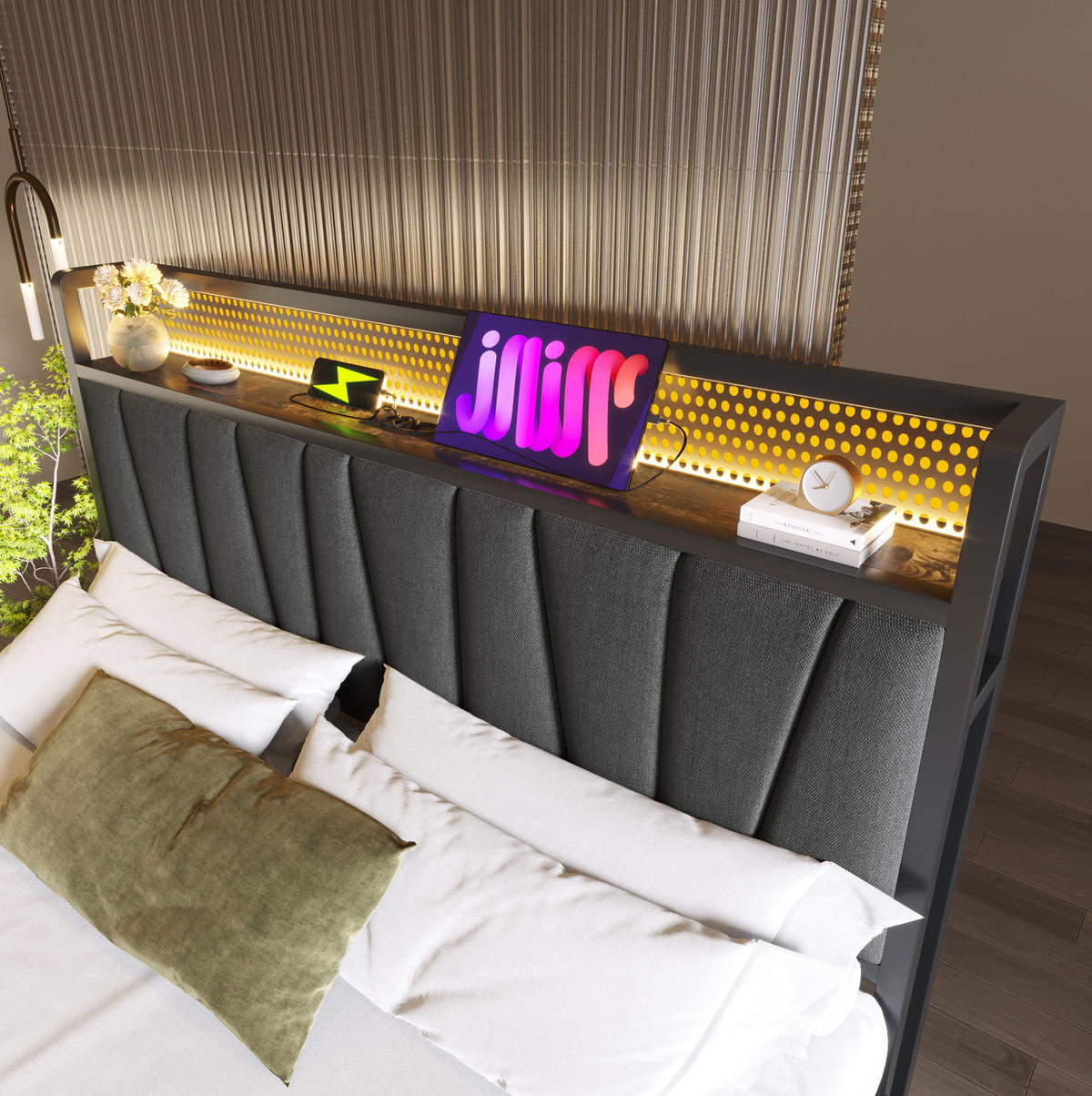 OBLAZINJENA postelja 160/200 cm z LED osvetlitvijo, USB priključki in dvižnim prostorom za shranjevanje, Siva - siva, tekstil (160/200cm) - Redom