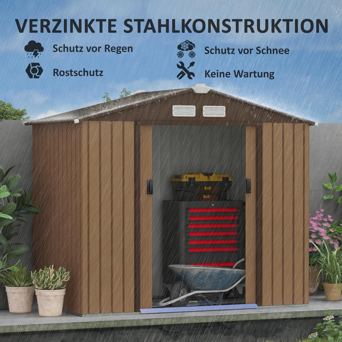 GERÄTEHAUS 213/130/185 cm Braun mit Schiebetüren und Fundamente - Braun, Metall (130/185/213cm) - Oxeza