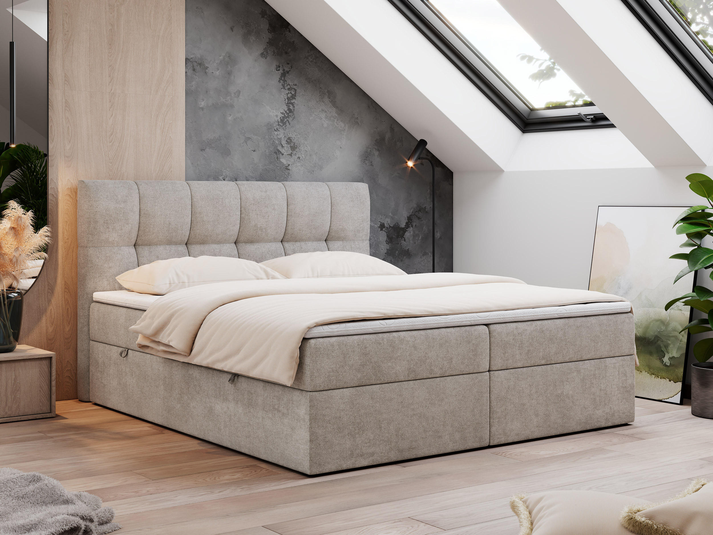 Thumbnail - MKS Boxbett, Beige, Textil, 2-Sitzer, H3, Rechteckig, 180x200 cm, Oeko-Tex®, Schlafzimmer, Betten, Boxspringbetten