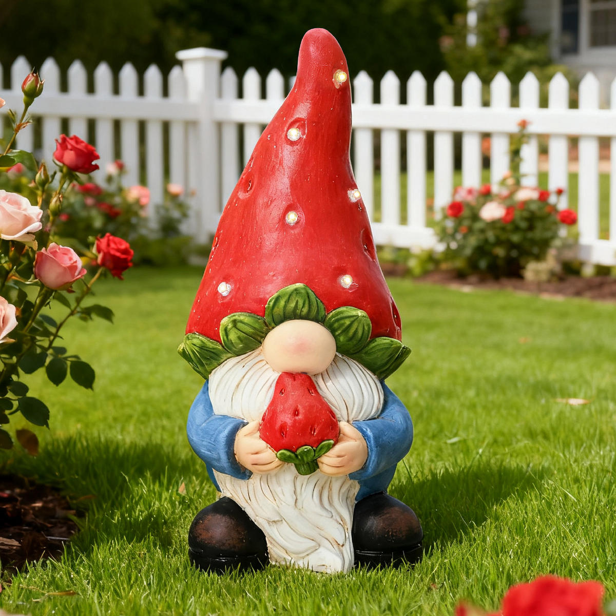 40 cm Erdbeer-Zwergelf LED Gartenfigur Zwerg, Garten- und Hofdekoration Geschenkidee für Mama - Multicolor, Naturmaterialien (19.5/40/19cm) - Hometopia