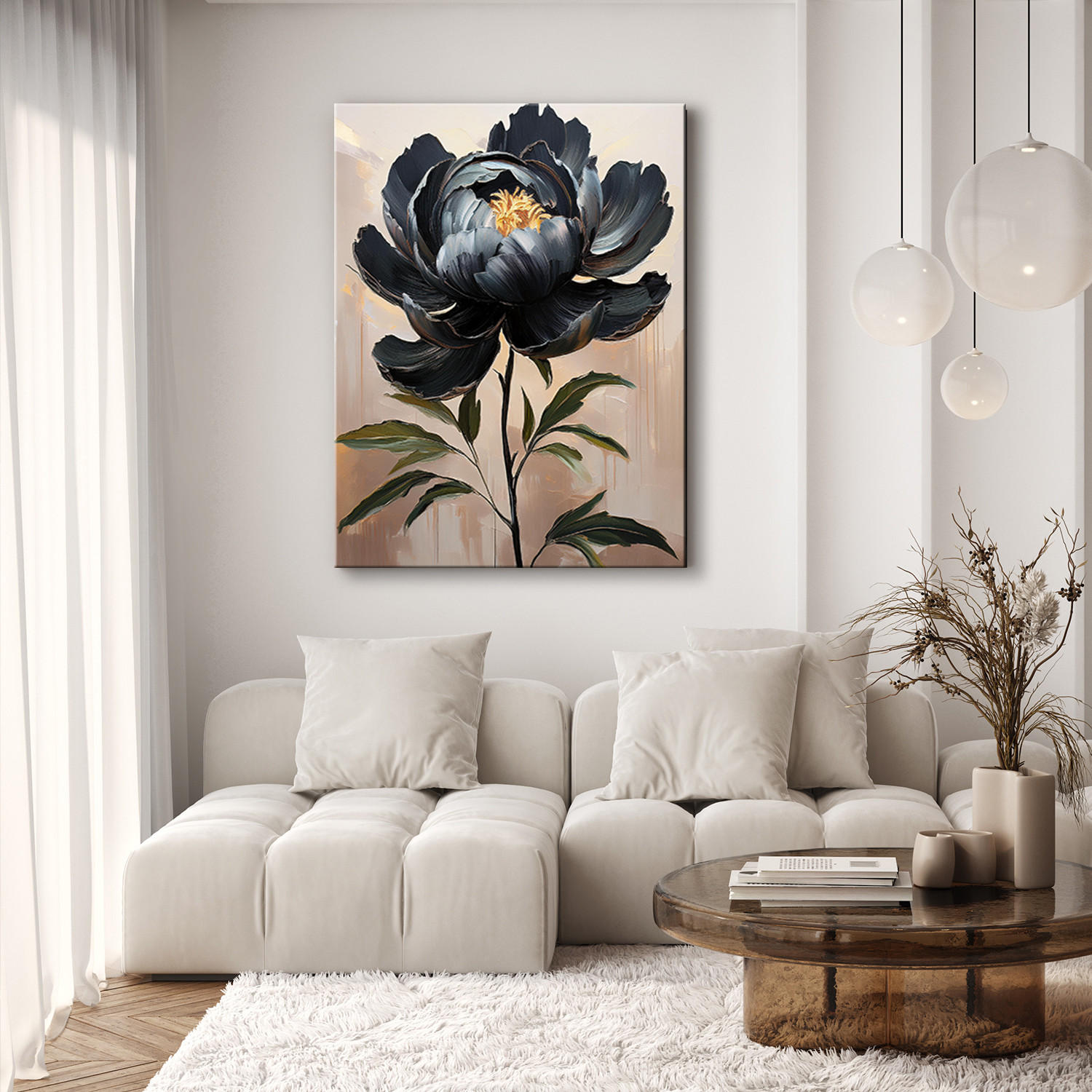 WANDBILD schwarz gemalte pfingstrosenblüte - Schwarz, Textil (40/60cm) - Feeby