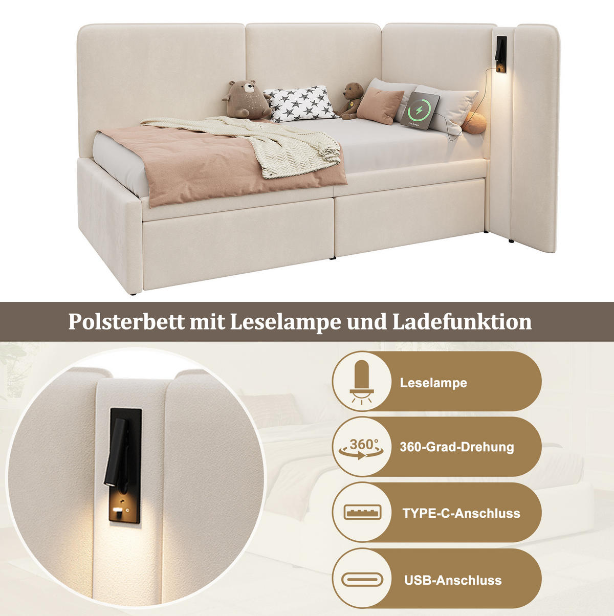 TAGESBETT 90/200 cm mit 2 Schubladen, USB- und Typ-C-Anschluss sowie Leselampe, Samtbezug, Beige - Beige, Textil (90/200cm) - Redom