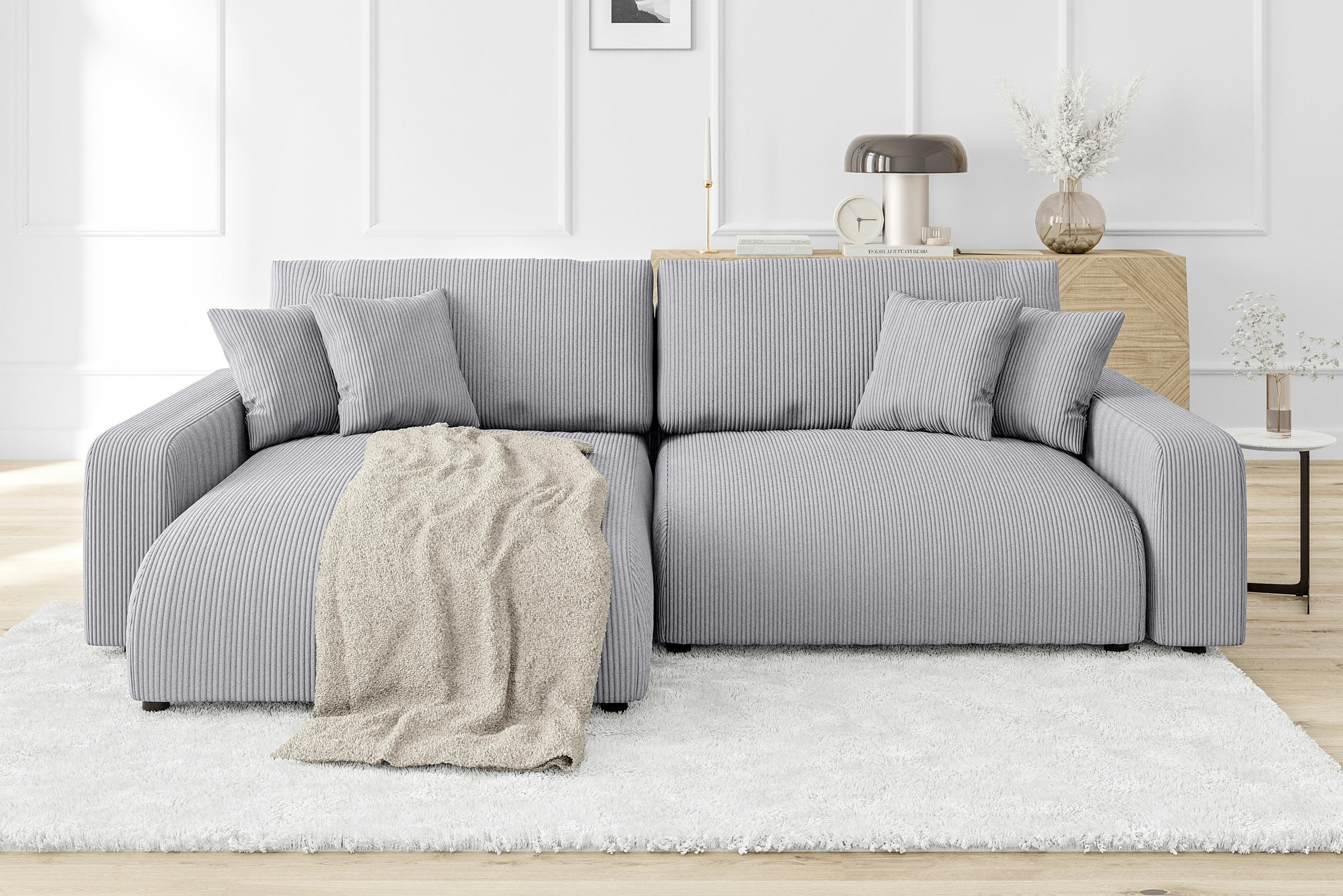 ECKSOFA Emma Hellgrau Cord - Ottomane links - Hellgrau, Textil (234/170cm) - S-Style Möbel