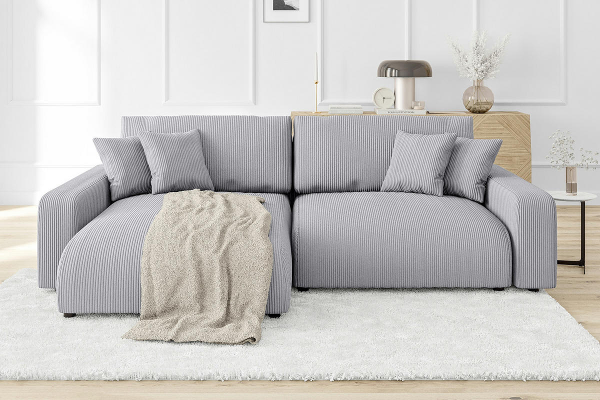 ECKSOFA Emma Hellgrau Cord - Ottomane links - Hellgrau, Textil (234/170cm) - S-Style Möbel