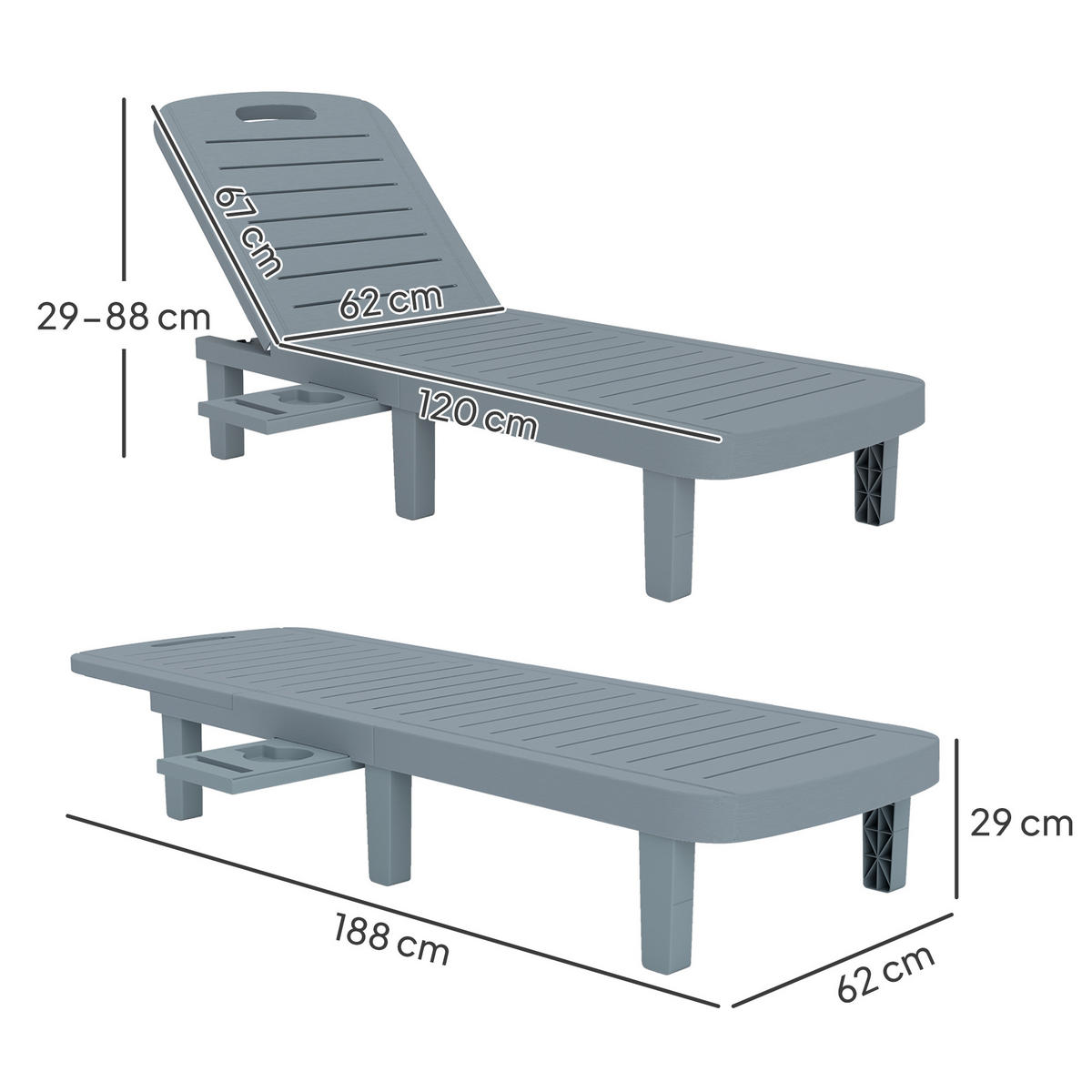 SONNENLIEGE 2er-Set mit verstellbarer Rückenlehne und Ablagen Dunkelgrau 62x158x88 cm - Grau, Kunststoff (62/88/158cm) - Vallsero