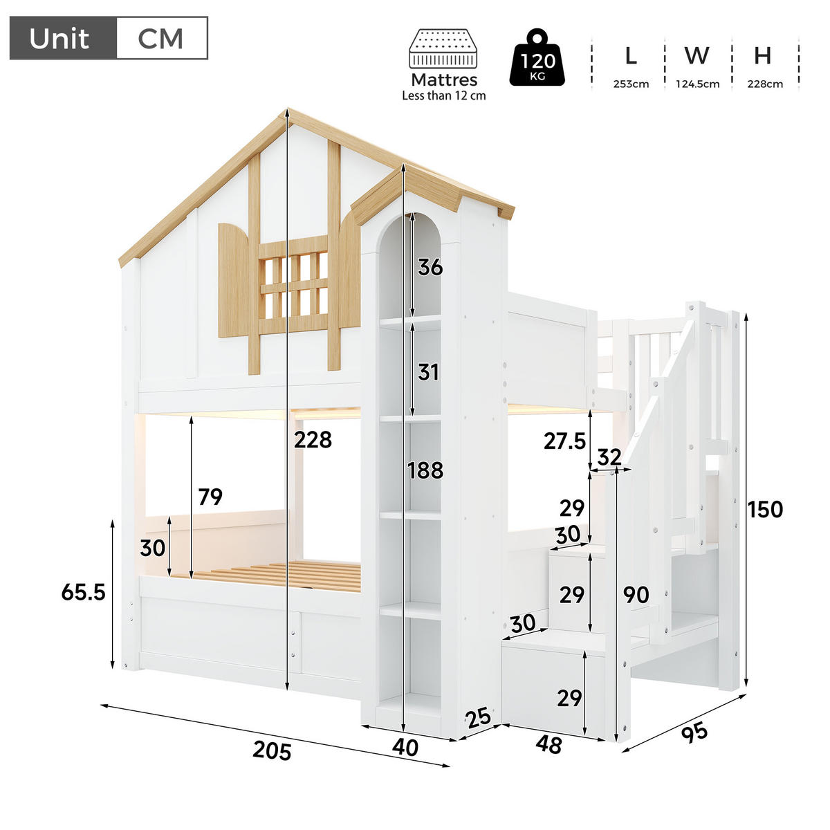 ETAGENBETT Massivholz LED Stauraumtreppe 90x200 Hausbett Weiß - Weiß, Holz - FLIEKS