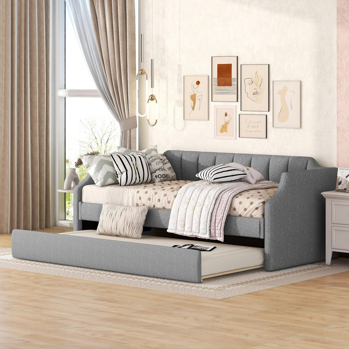 POLSTERBETT aus Baumwoll-Leinen 90x200 cm Grau mit ausziehbarem Rollbett und gepolsterten Armlehnen - Grau, Textil (90/200cm) - Modfu