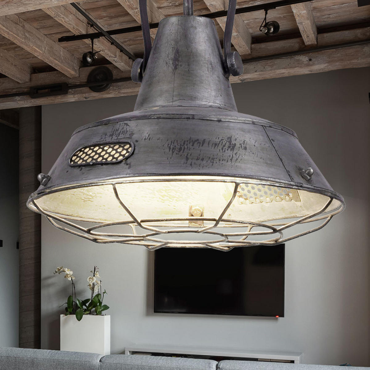 LED HÄNGELEUCHTE Metall Silber Industrie Laterne - Silberfarben, Metall (38/38/120cm)