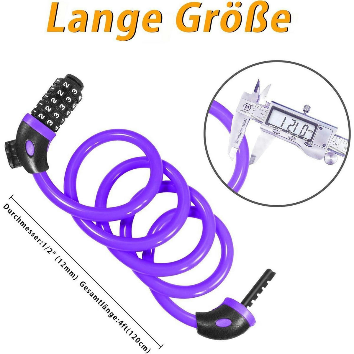 KABELSCHLOSS 120 cm Violett mit Zahlencode - Lila, Kunststoff (1.2/1.2/120cm)