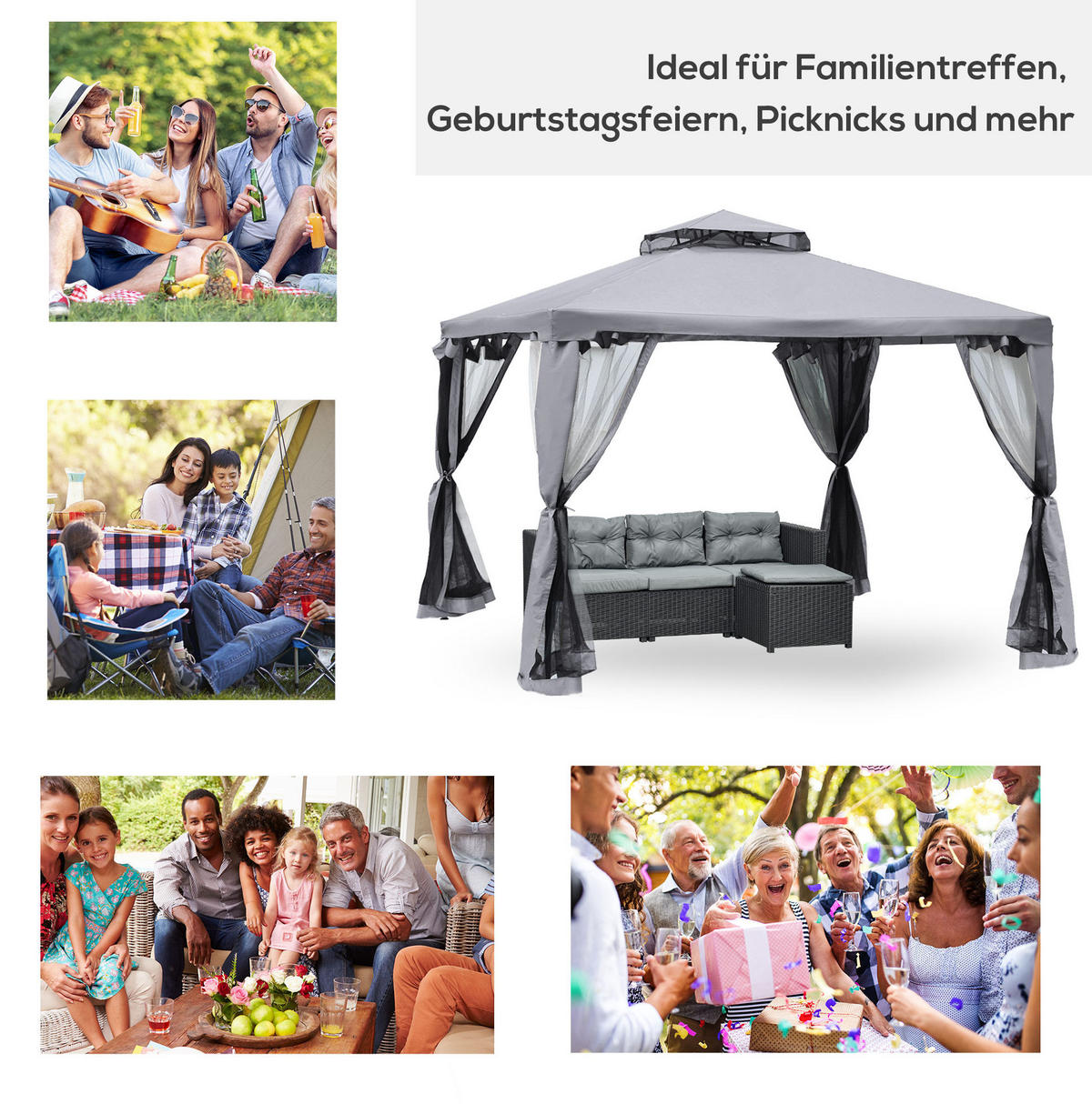 GARTENPAVILLON 294/294/265 cm anthrazit aus Polyester mit Netzseiten - Grau, Textil (294/265/294cm) - OKWISH