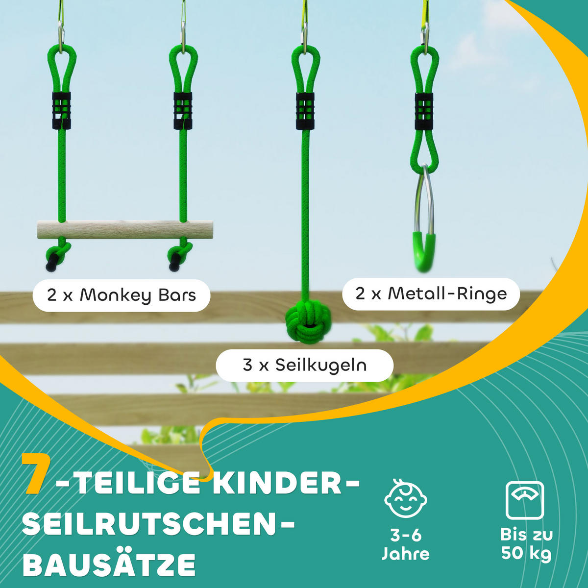 KINDER-KLETTERSEIL-SET, Grün, Kunststoff, Polyester - Grün, Kunststoff (5/1000cm) - AIYAPLAY
