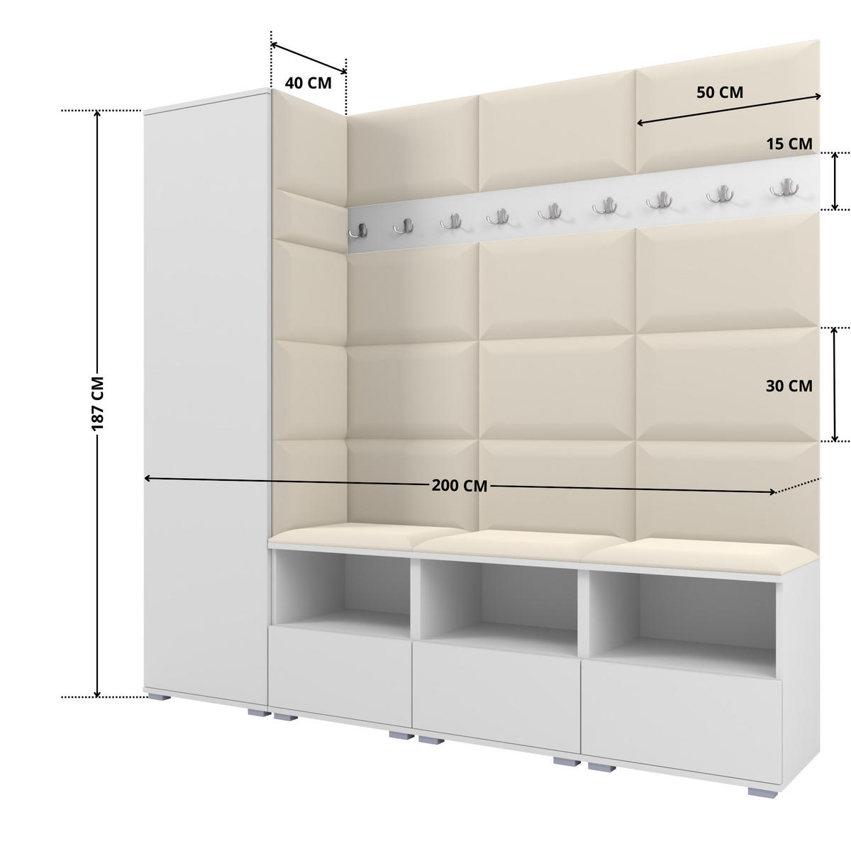 GARDEROBE NELA IX 200 cm (Modulare Flurmöbel Weiß mit Sitzpolster Creme 01 Breite Sitzbank) - Silberfarben/Creme, Holz/Holzwerkstoff (200/187/40cm) - Ravio
